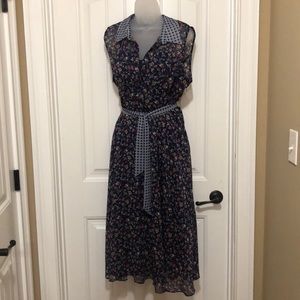 Blue Floral Collared Dress with Tie Belt